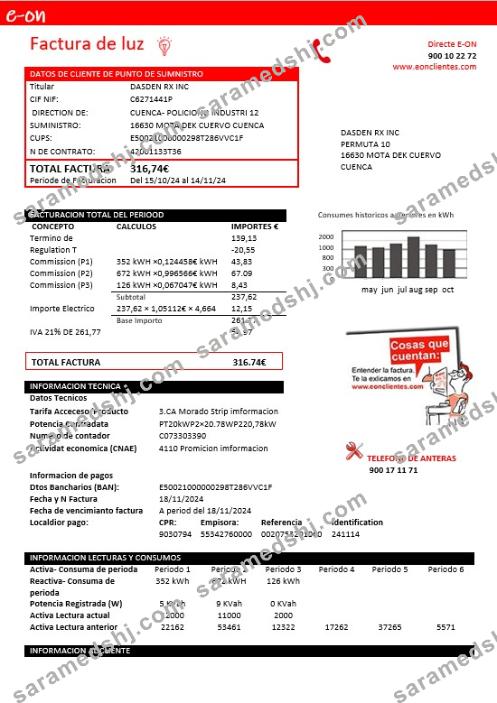 Spain E.ON electricity business utility bill template in Word and PDF formats